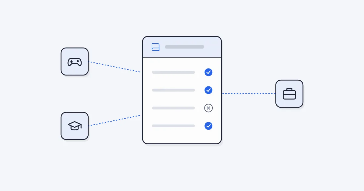 A rules checklist connected to icons for games, school and work